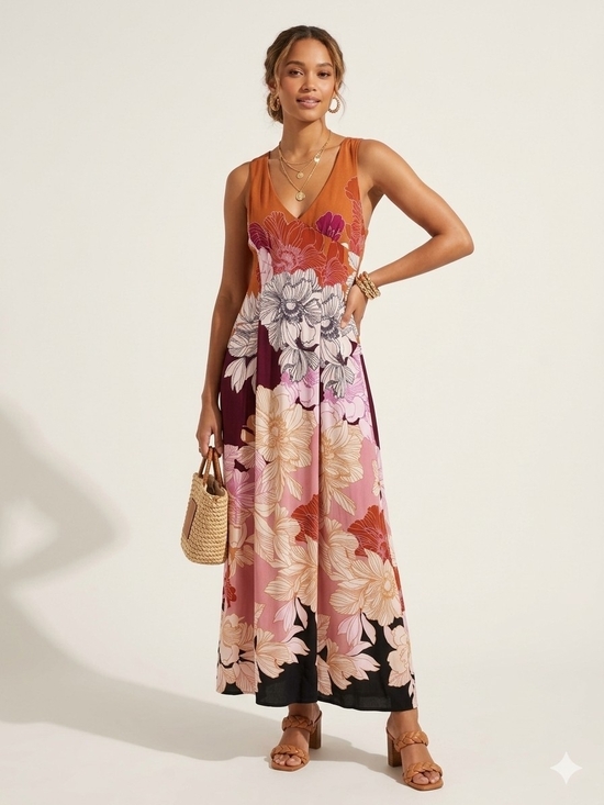Maeve Dresses & Skirts - Anthropologie Maeve Floral Twist Back Maxi Dress - Orange Multi Colorblock - XS